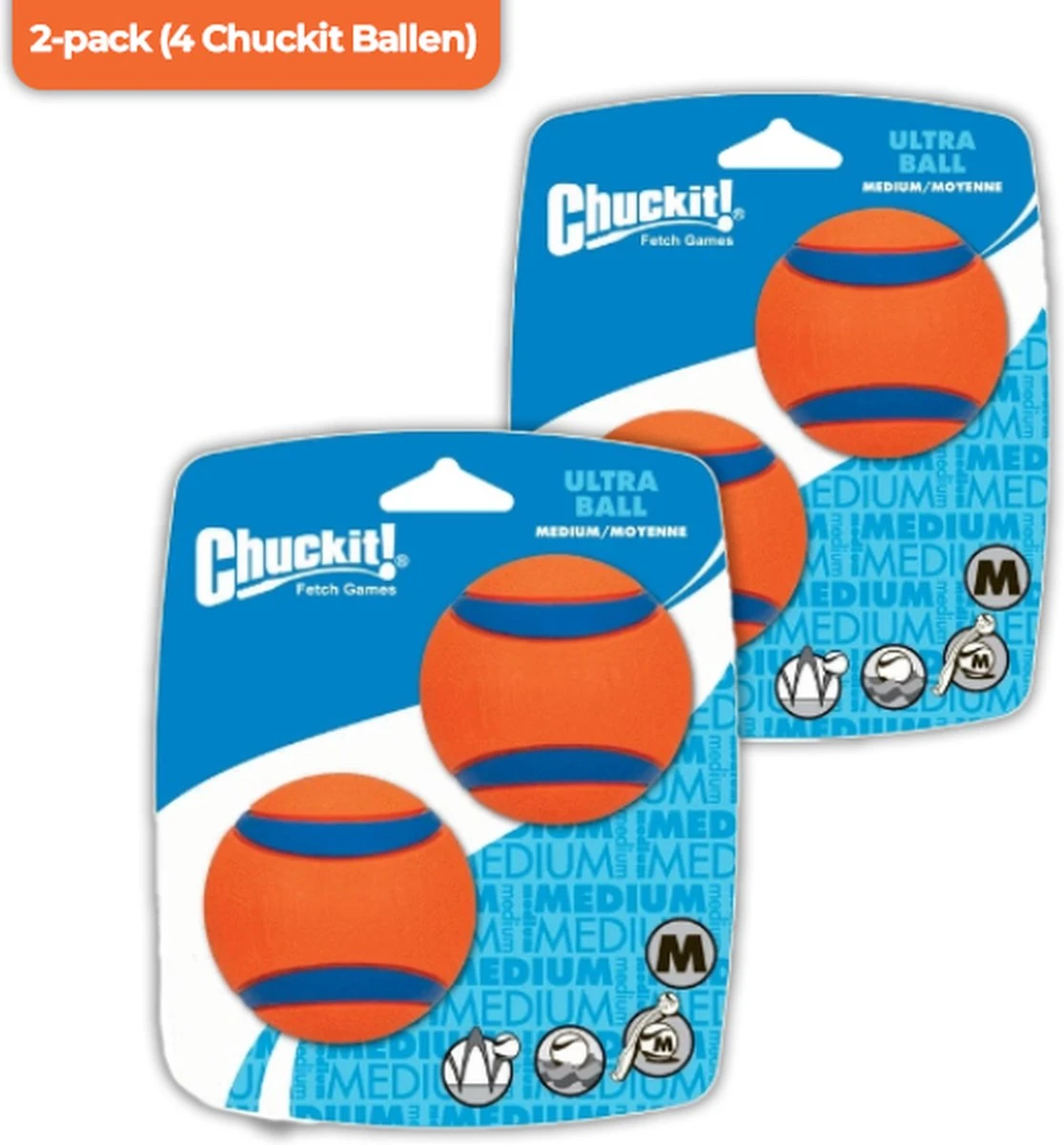 Chuckit! Ultra Ball M – Honden Speelgoed – Hondenbal– Drijft Op Water – Stuitert – Veilig Voor Gebit – Honden Bal – Ideaal Met De Ballenwerper – Ø 6cm – Oranje/Blauw – Hondenspeeltjes– 4-Pack