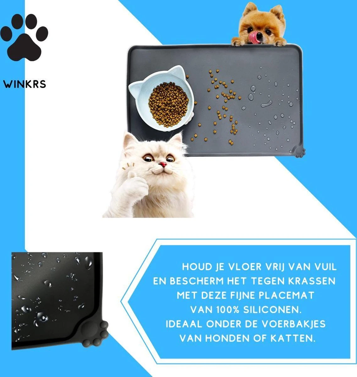 Winkrs - Placemat Voor Voerbak Van Hond Of Kat Huisdieren - Zwart Siliconen Waterdicht - Afbeelding 2