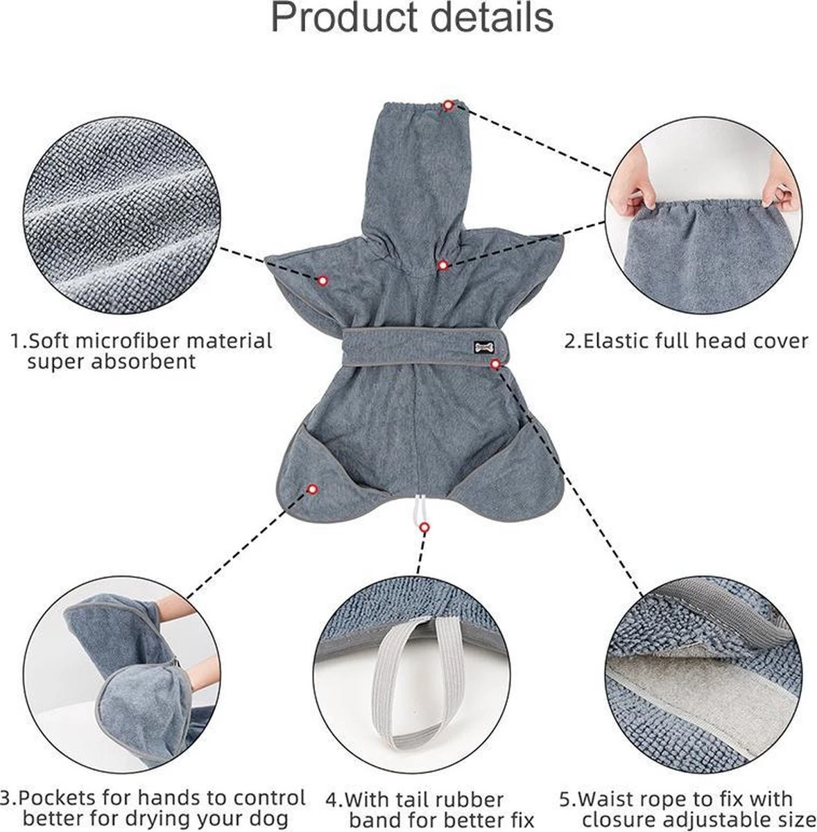 Super Absorberende Honden Badjas Grijs Maat L - Afbeelding 5
