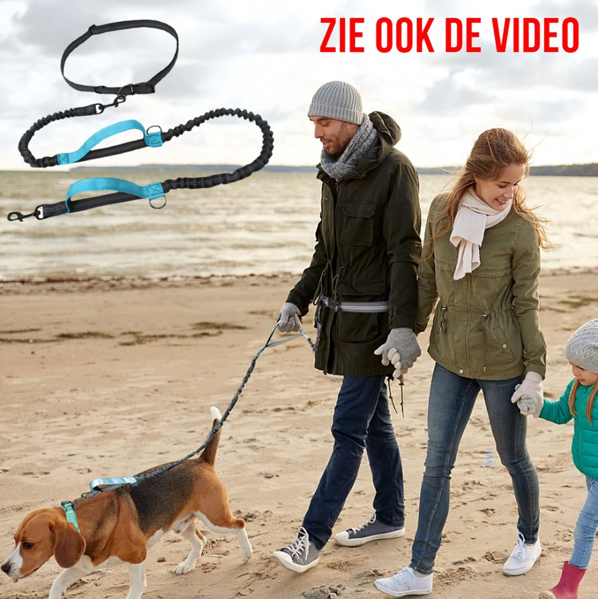 Merkloos Allernieuwste® Elastische Hondenriem 2-in-1 HANDSFREE Voor Hardlopen Shoppen En Wandelen - Honden Riem 160/260 Cm - Blauw Zwart - Afbeelding 3