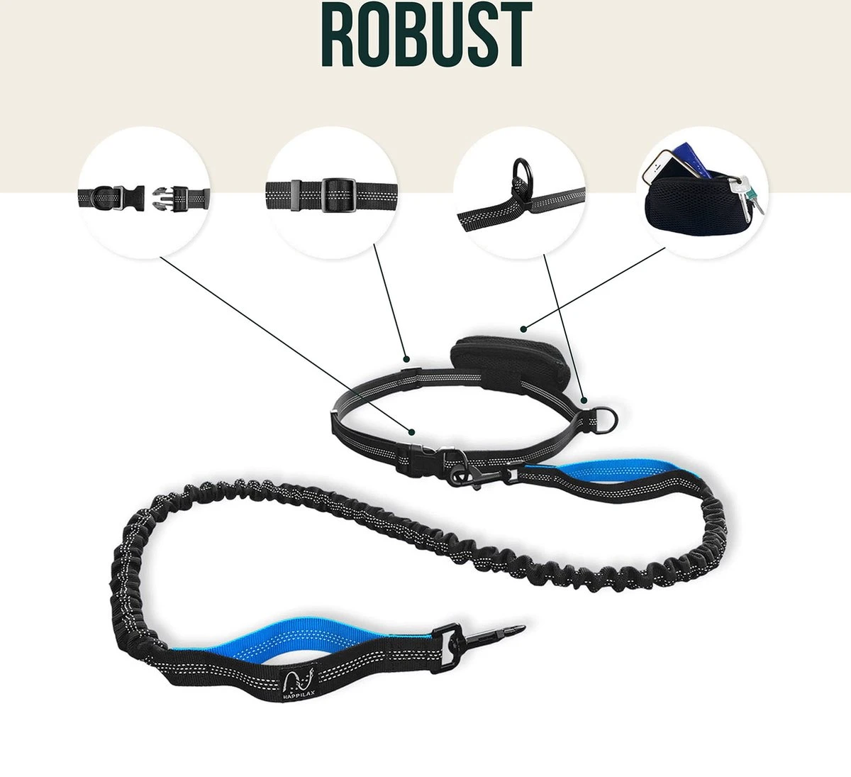 Happilax Joggingriem Voor Honden, Elastische En Reflecterende Hondenriem Voor Joggen Met Buikband, 100-160 Cm - Afbeelding 2