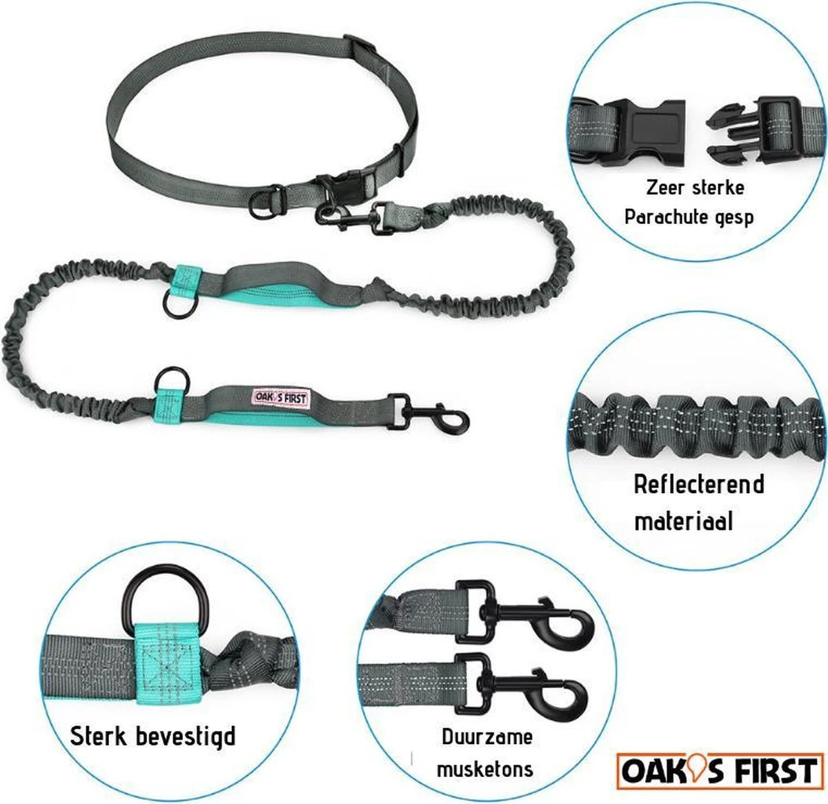 Oak's First Elastische En Diervriendelijke Looplijn Met Heupriem - Hondenriem - 150cm/210cm - Grijs - Afbeelding 2