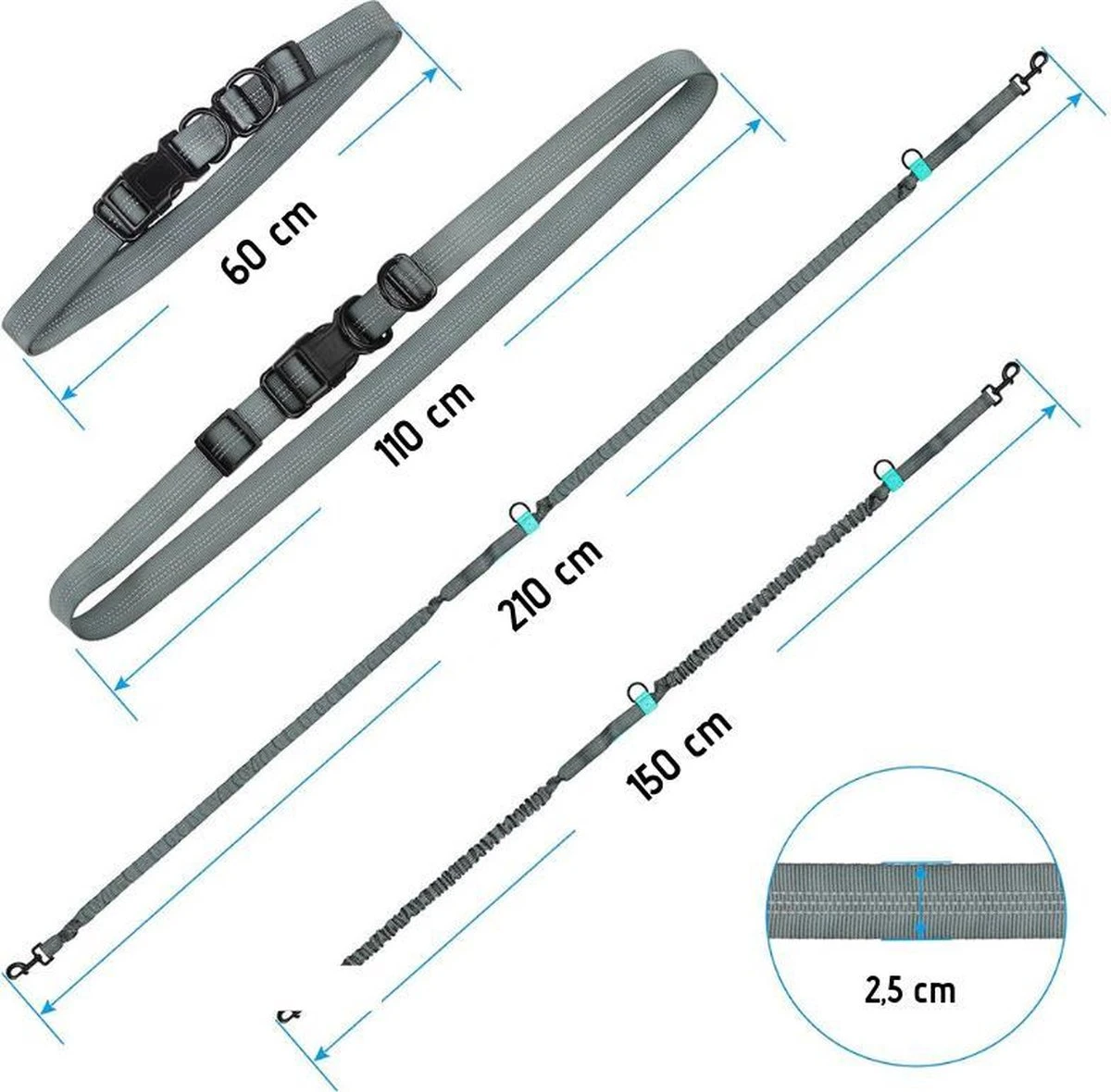 Oak's First Elastische En Diervriendelijke Looplijn Met Heupriem - Hondenriem - 150cm/210cm - Grijs - Afbeelding 3