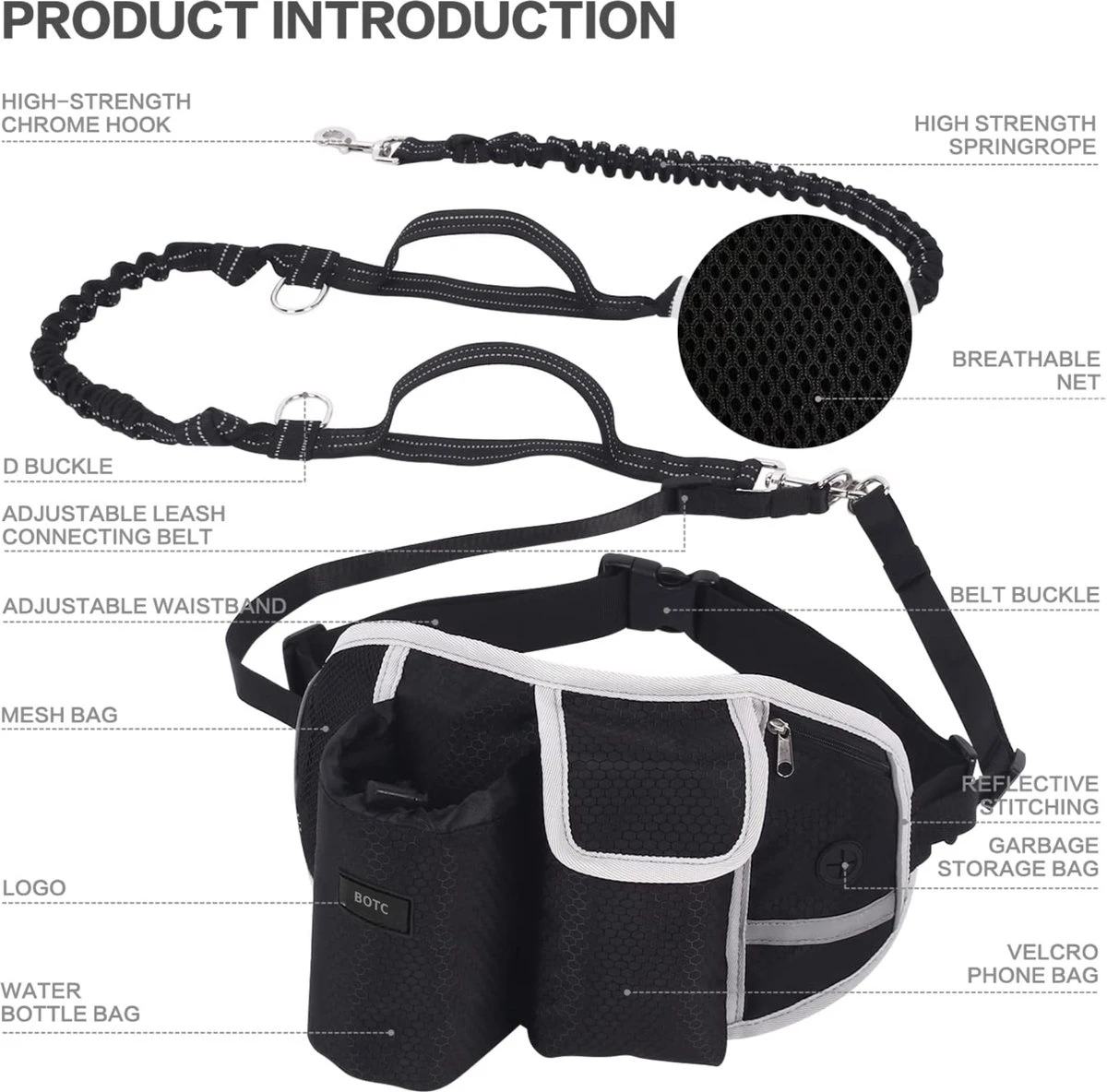 BOTC Looplijn Hond Met Heupriem Voor Hardlopen - Hondenriem - Zwart - Afbeelding 3