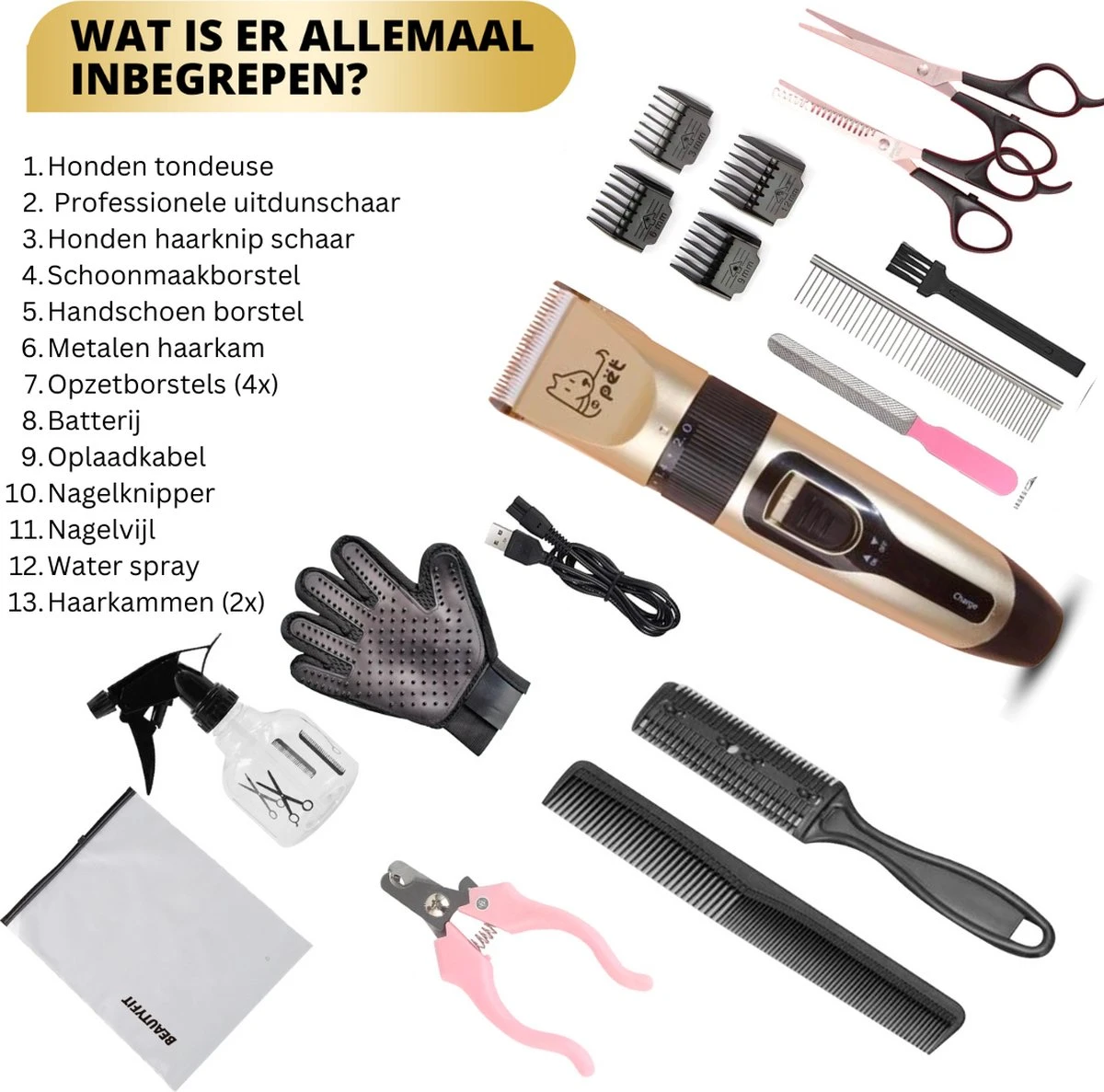 BeautyFit - 16-delig Hondentondeuse Set - Professionele Honden Trimset - Dieren Tondeuse Voor Dikke Vacht - Meest Complete Set - Inclusief 4 Opzetkammen - Hondenschaar - Mist Verstuiver - Handschoen Borstel - Nagelknipper - Afbeelding 7