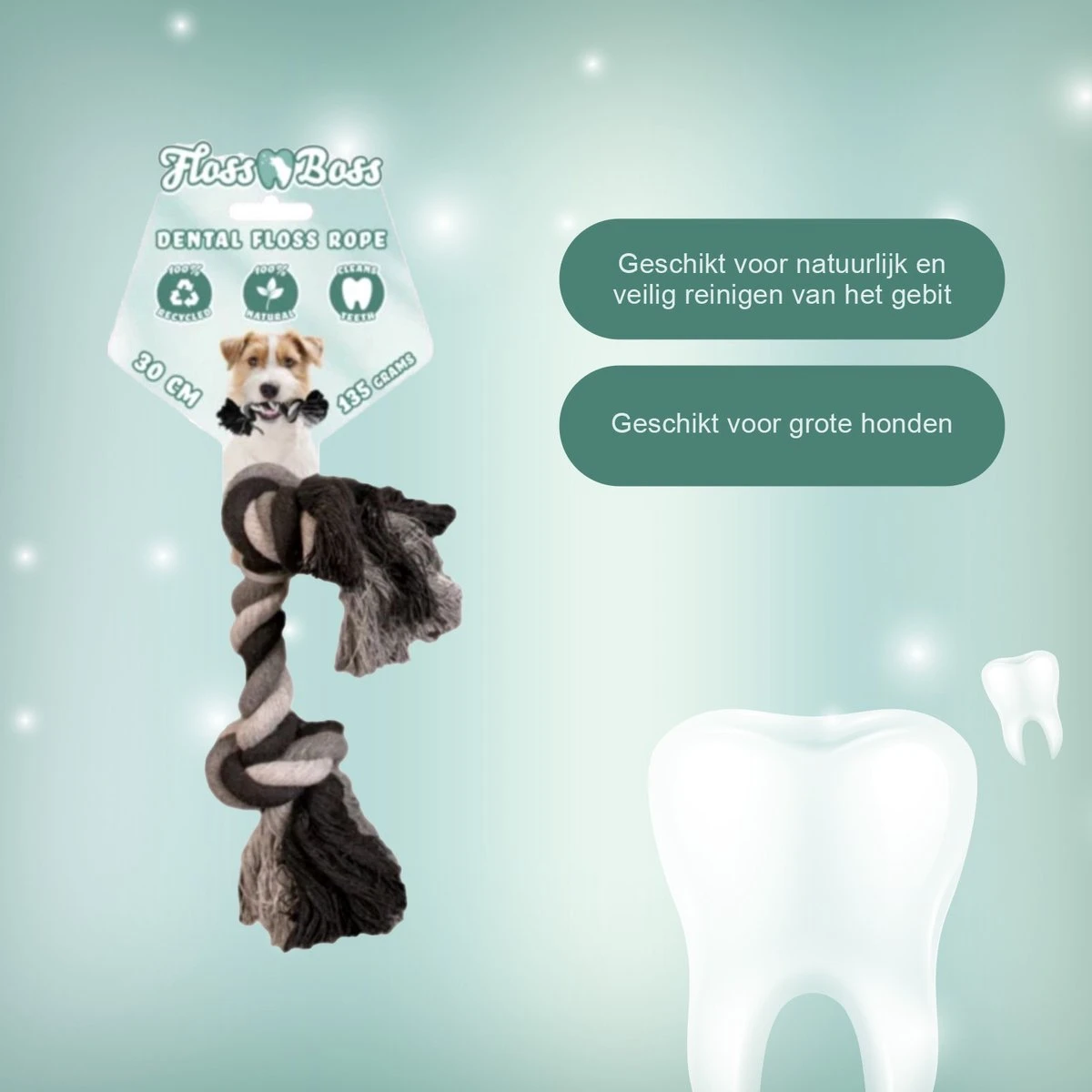 Floss Boss Flostouw – Zeer Stevig En Veilig Hondenspeelgoed – Hondentouw Van Gerecycled Katoen – Grijs Trektouw – 30cm - 135g – 2 Knopen - Afbeelding 2