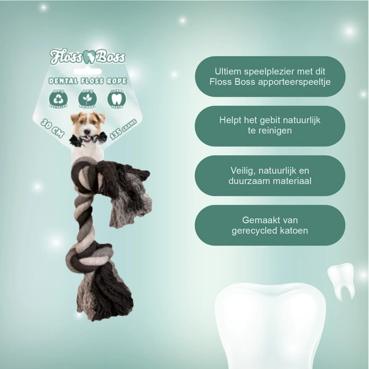 Floss Boss Flostouw – Zeer Stevig En Veilig Hondenspeelgoed – Hondentouw Van Gerecycled Katoen – Grijs Trektouw – 30cm - 135g – 2 Knopen - Afbeelding 4