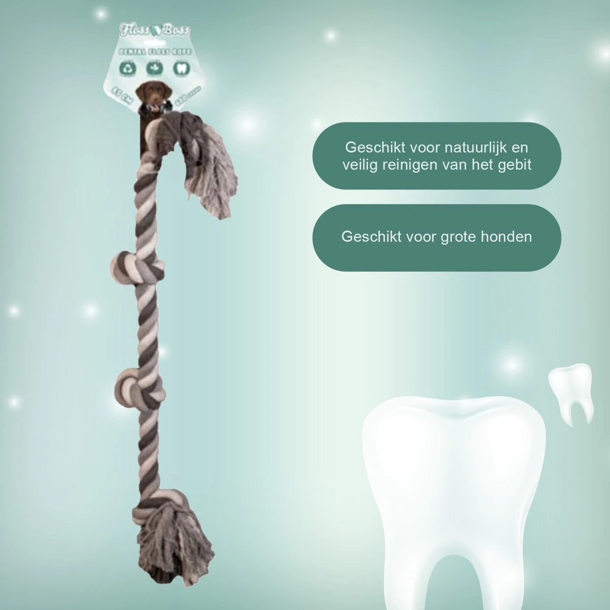 Floss Boss Flostouw – Zeer Stevig En Veilig Hondenspeelgoed – Hondentouw Van Gerecycled Katoen – Grijs Trektouw – 85cm – 600g – 4 Knopen - Afbeelding 3