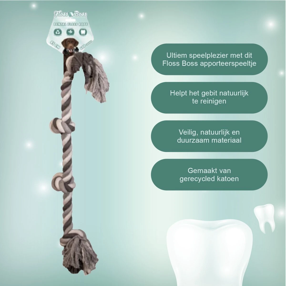 Floss Boss Flostouw – Zeer Stevig En Veilig Hondenspeelgoed – Hondentouw Van Gerecycled Katoen – Grijs Trektouw – 85cm – 600g – 4 Knopen - Afbeelding 4