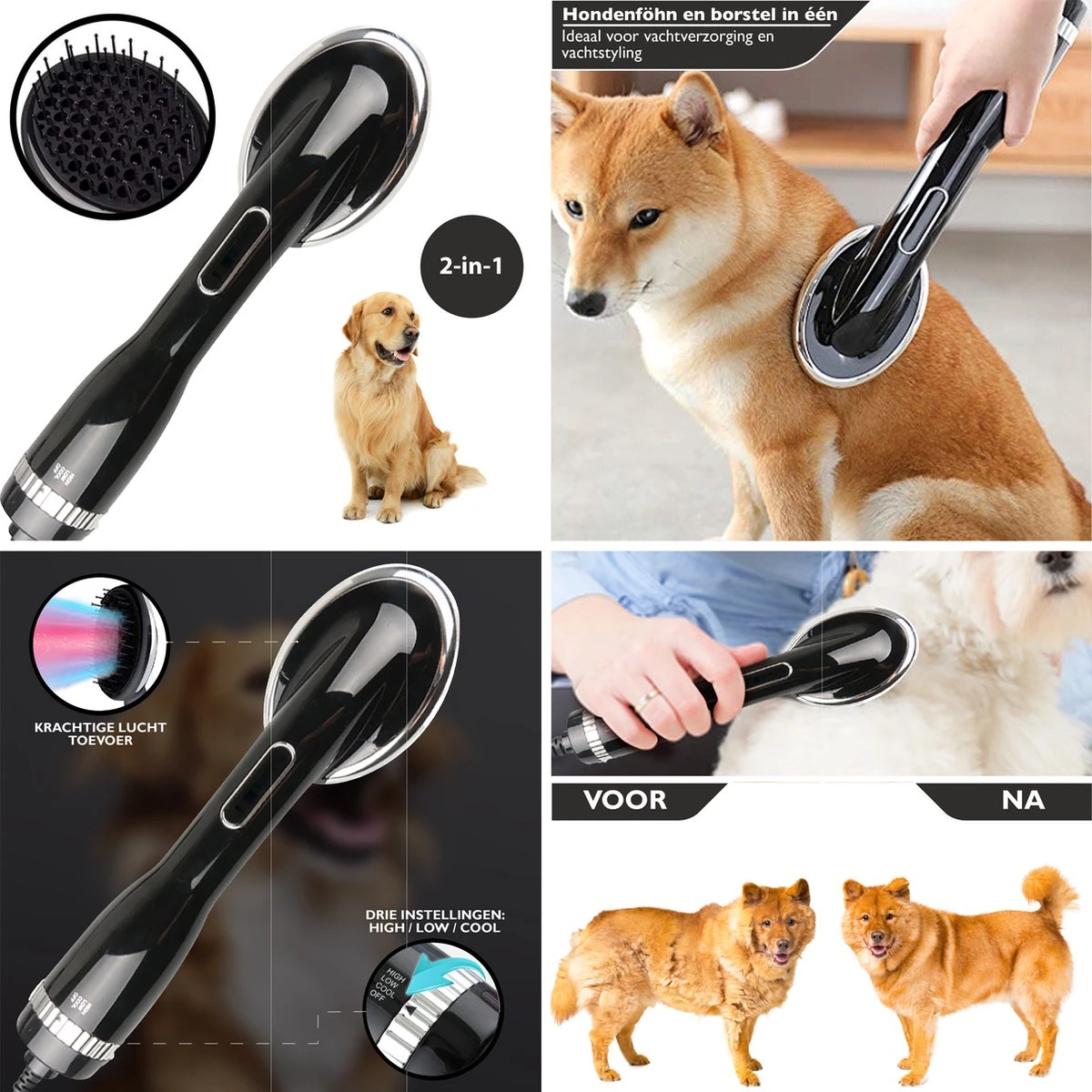 RoiPets® Hondenfohn 2 In 1 – 1000W - Honden Droger – Met Borstel - Waterblazer - Haar Verzorging - Honden Borstel Zwart - Honden/Katten/Dieren - Afbeelding 3