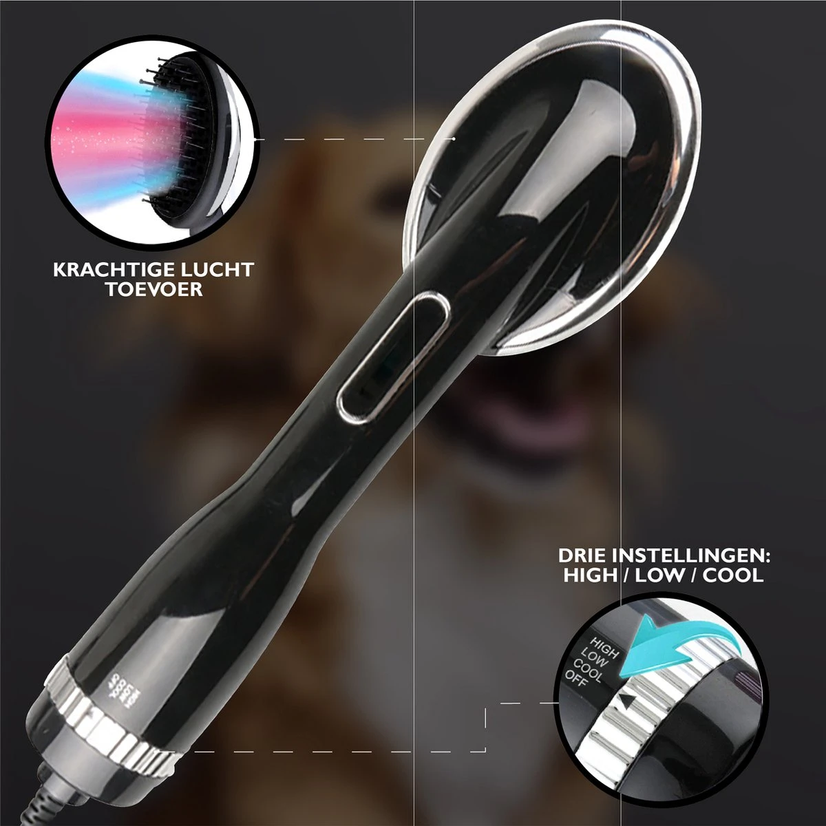 RoiPets® Hondenfohn 2 In 1 – 1000W - Honden Droger – Met Borstel - Waterblazer - Haar Verzorging - Honden Borstel Zwart - Honden/Katten/Dieren - Afbeelding 4
