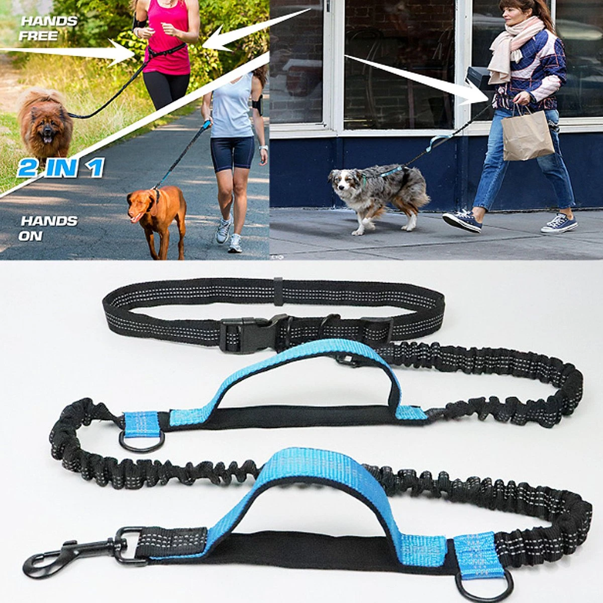 Merkloos Allernieuwste® Elastische Hondenriem 2-in-1 HANDSFREE Voor Hardlopen Shoppen En Wandelen - Honden Riem 160/260 Cm - Blauw Zwart - Afbeelding 2