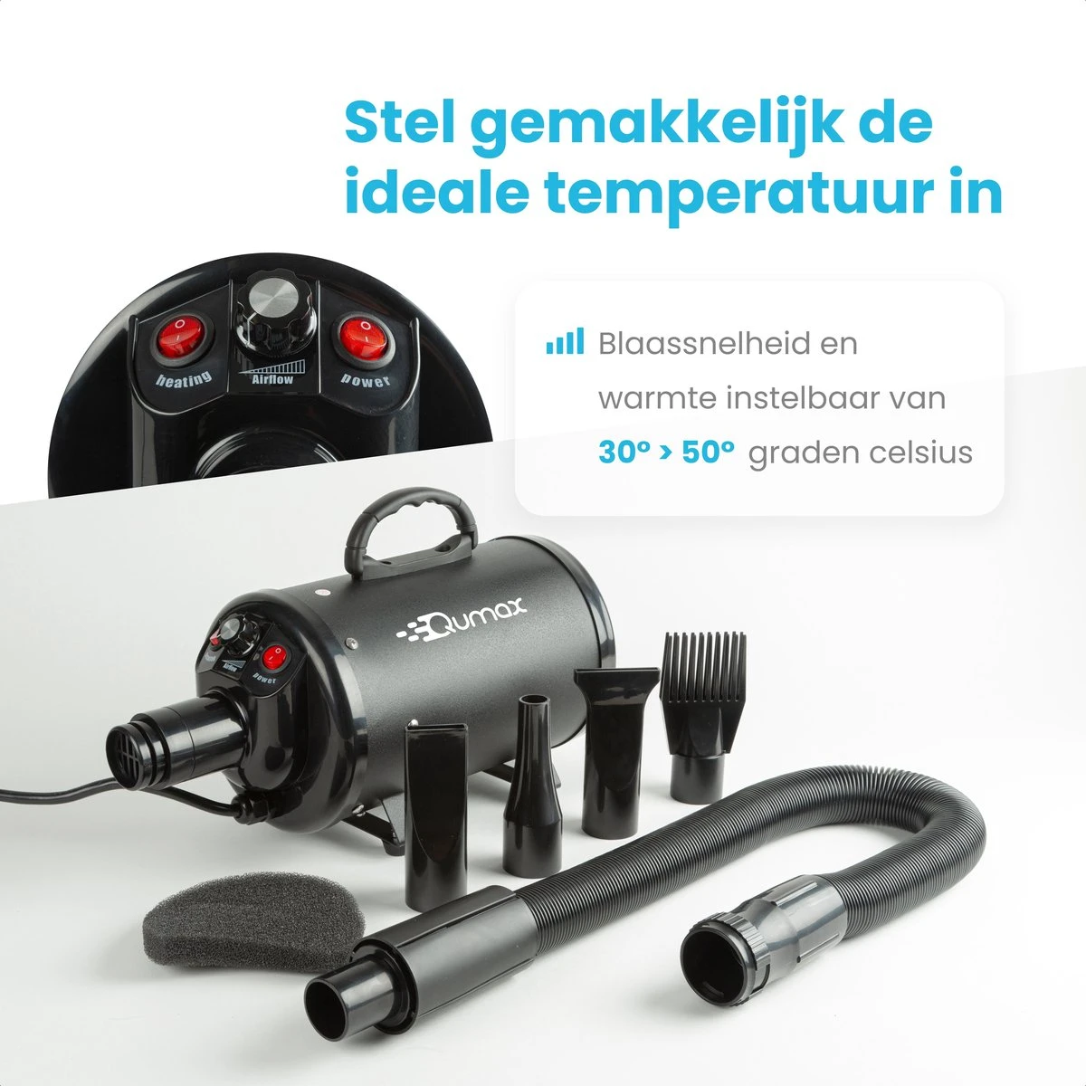 Qumax Professionele Hondenföhn Met 4 Opzetstukken – Waterblazer Voor Honden – Stil Design – Compact En Modern - Zwart - Afbeelding 5