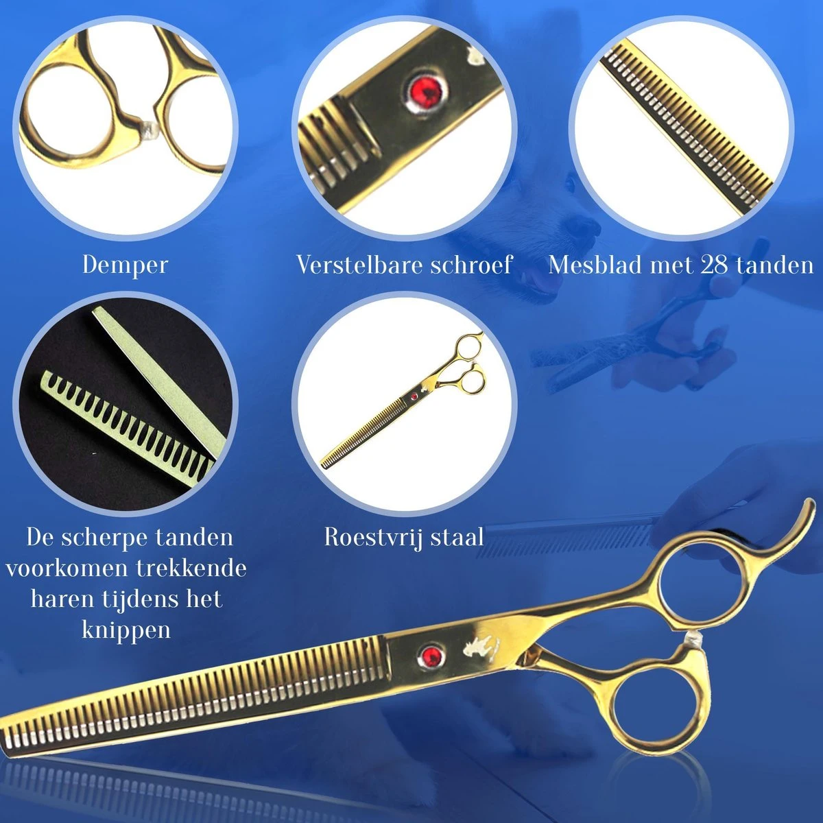 Scharenset Hond - 8-Delige Scharenset - Hondenschaar - Trimset - Trimschaar Voor Honden - Huisdier Knipset - Effileerschaar Hond - Goud - Afbeelding 2