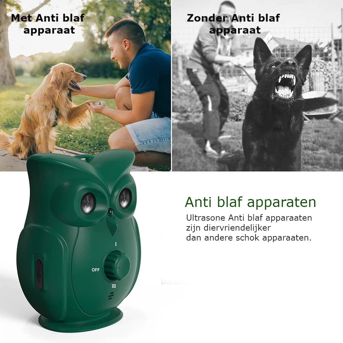 Bolify - Anti Blaf Apparaat - Anti Blafband - Anti Blaf - Zonder Schok - Diervriendelijk - Ultrasoon - Uil Model - Afbeelding 3