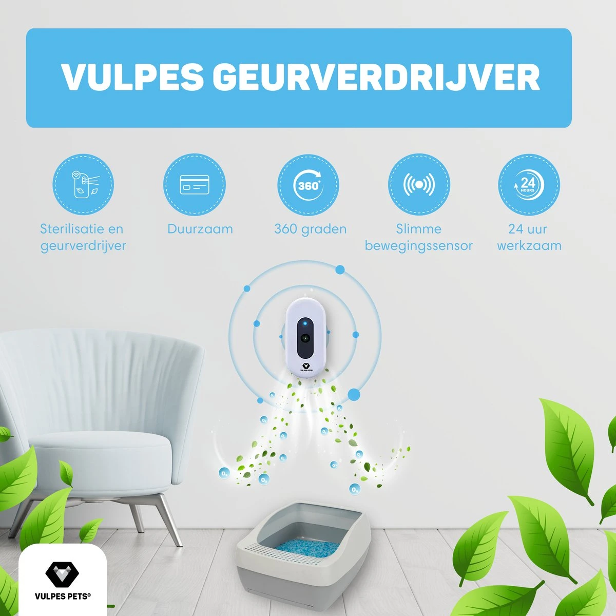 Vulpes Pets® Kattenbak Geurverdrijver PRO - Ozon En Negatieve Ionen Functie - Infraroodsensor - Oplaadbaar - Geurverwijderaar - Air Eliminator - Wit - Afbeelding 4