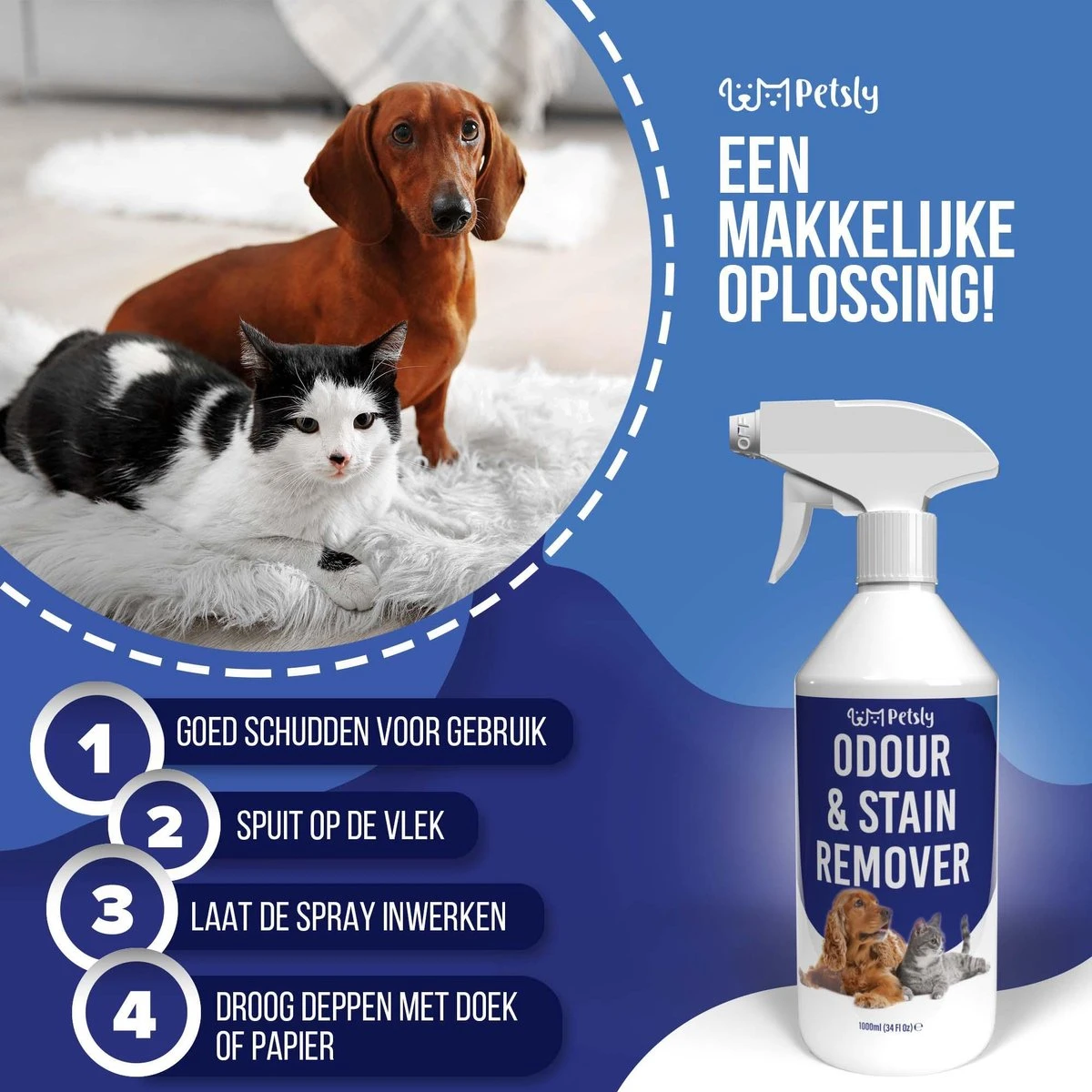 Petsly Odour & Stain Remover - Geurverwijderaars - Urine Vlekken Verwijderen Urinegeur Verwijderen Met Plantaardige Enzymen - 1L - Afbeelding 3