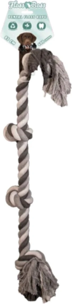 Floss Boss Flostouw – Zeer Stevig En Veilig Hondenspeelgoed – Hondentouw Van Gerecycled Katoen – Grijs Trektouw – 85cm – 600g – 4 Knopen
