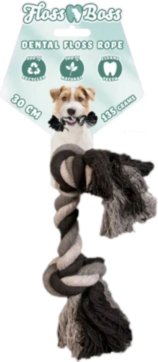 Floss Boss Flostouw – Zeer Stevig En Veilig Hondenspeelgoed – Hondentouw Van Gerecycled Katoen – Grijs Trektouw – 30cm - 135g – 2 Knopen - Afbeelding 5