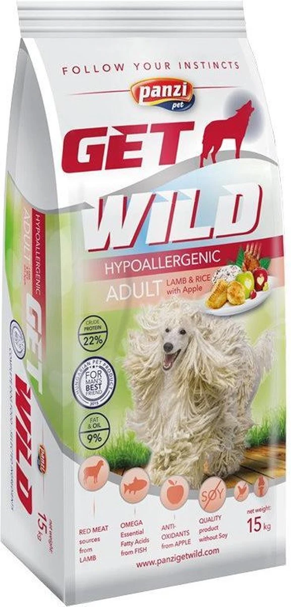 Get Wild - Hypoallergeen Hondenvoer Voor Volwassen Honden Met Gevoelige Maag/darmen - Hondenbrokken Met Lam/rijst Smaak - 15kg