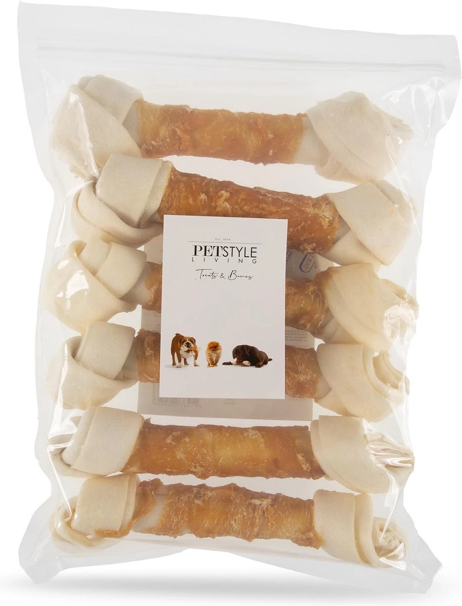 Petstyleliving Geknoopt Bot Met Kip 20-21cm - 6 Stuks - Hersluitbaar - Hondensnacks