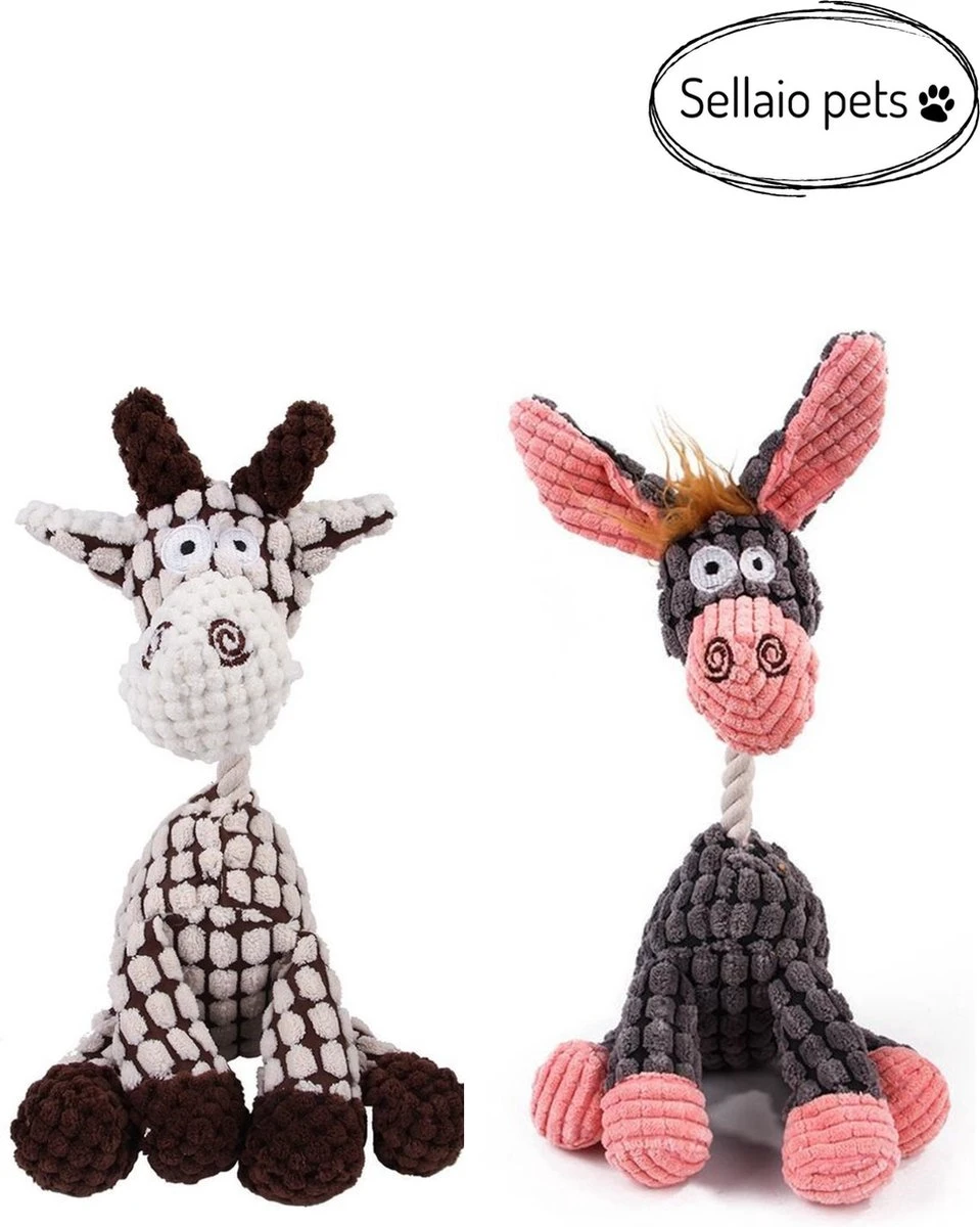 Honden Knuffel - Set Van 2 - Hondenspeelgoed Met Piep - Honden En Katten - Ezel En Giraf - Sellaio